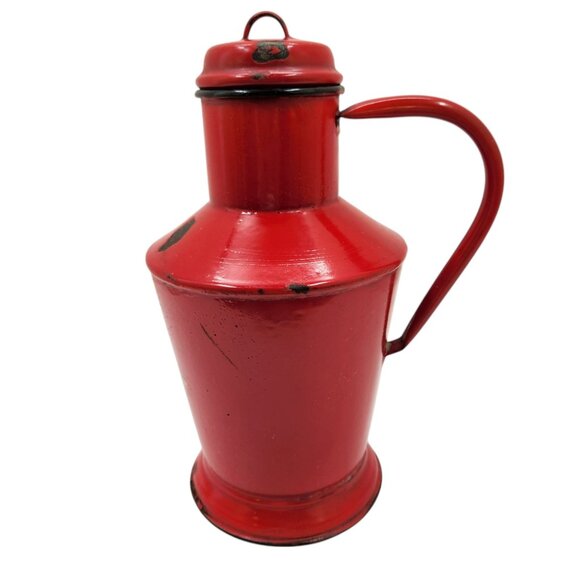 Vintage Red Enamelware Pitcher Jug With Lid & Handle Made in Hungary - Picture 1 of 9